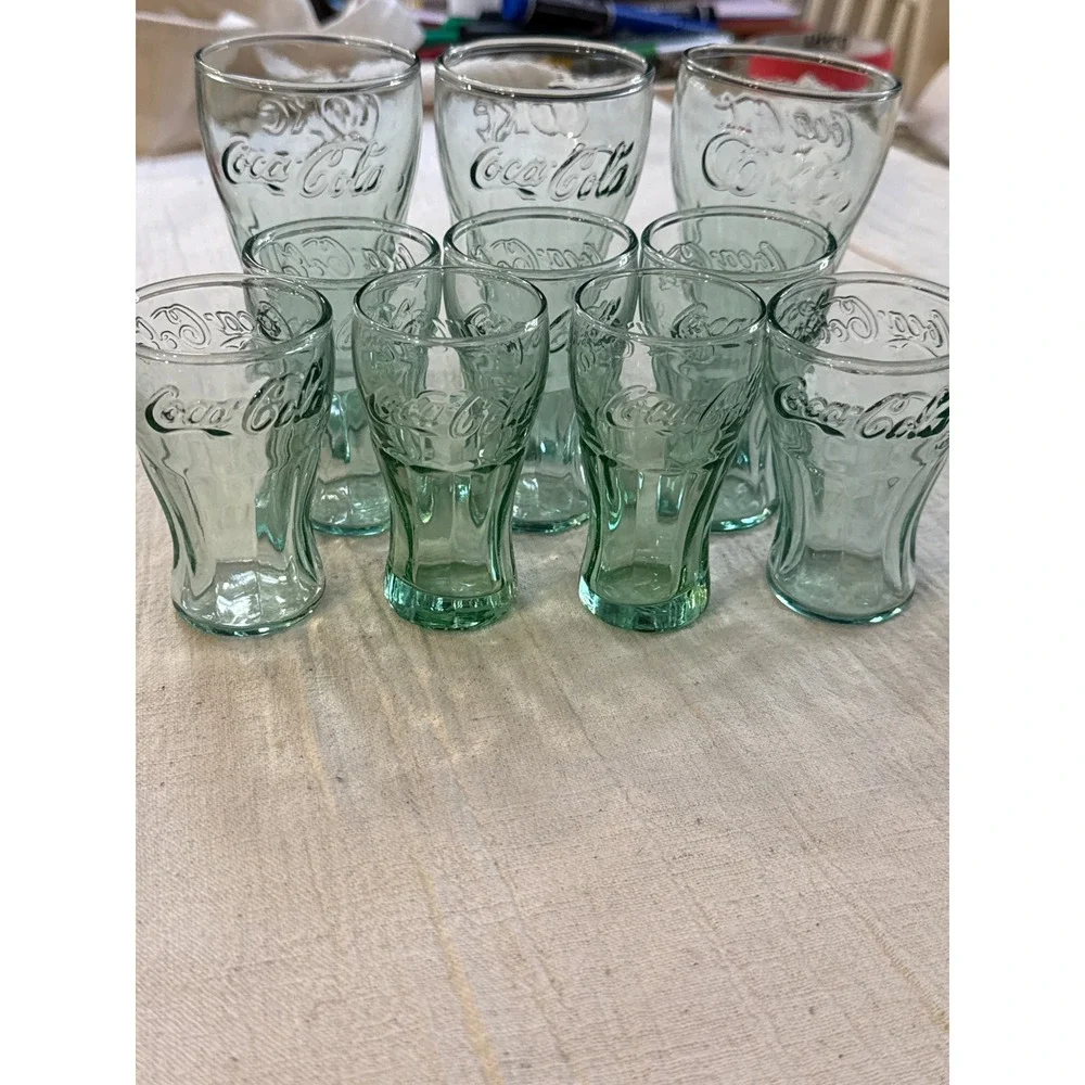 Vintage Coca-Cola Georgia Green Glass Tumblers Set of 9 Mixed Sizes Embossed